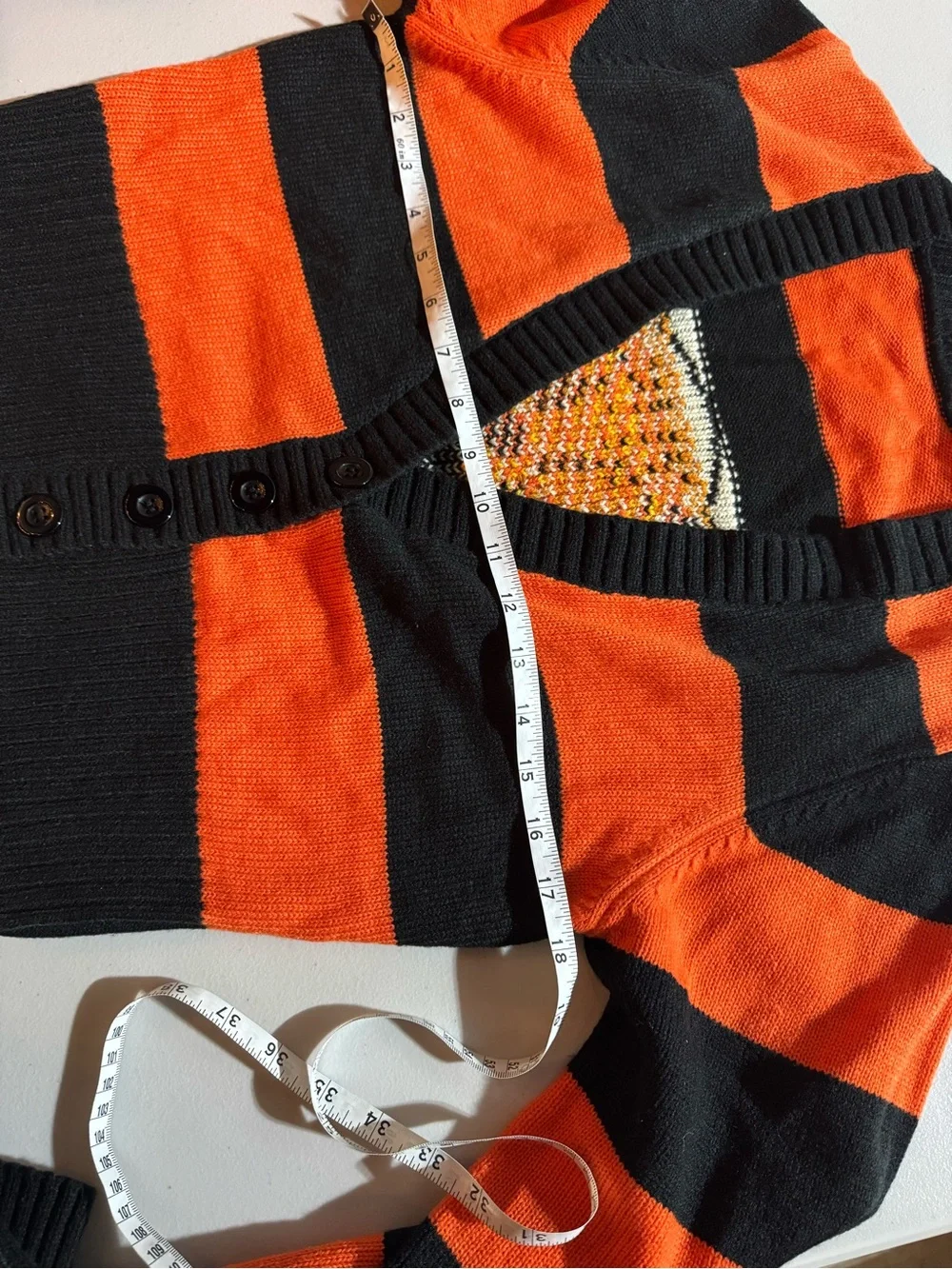 Orange/Black Striped Knit V-Neck Button-Front Embroidered Cat Cardigan S